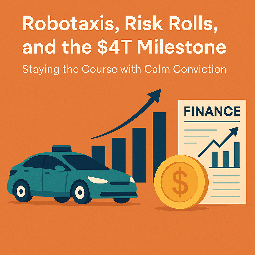 **Alt Text:** "A flat-style digital graphic featuring the headline 'Robotaxis, Risk Rolls, and the \$4T Milestone' with the subtitle 'Staying the Course with Calm Conviction.' The image includes a teal robotaxi, an upward-trending bar chart with an arrow, a finance-themed newspaper, and a gold coin with a dollar sign, all set against an orange background."